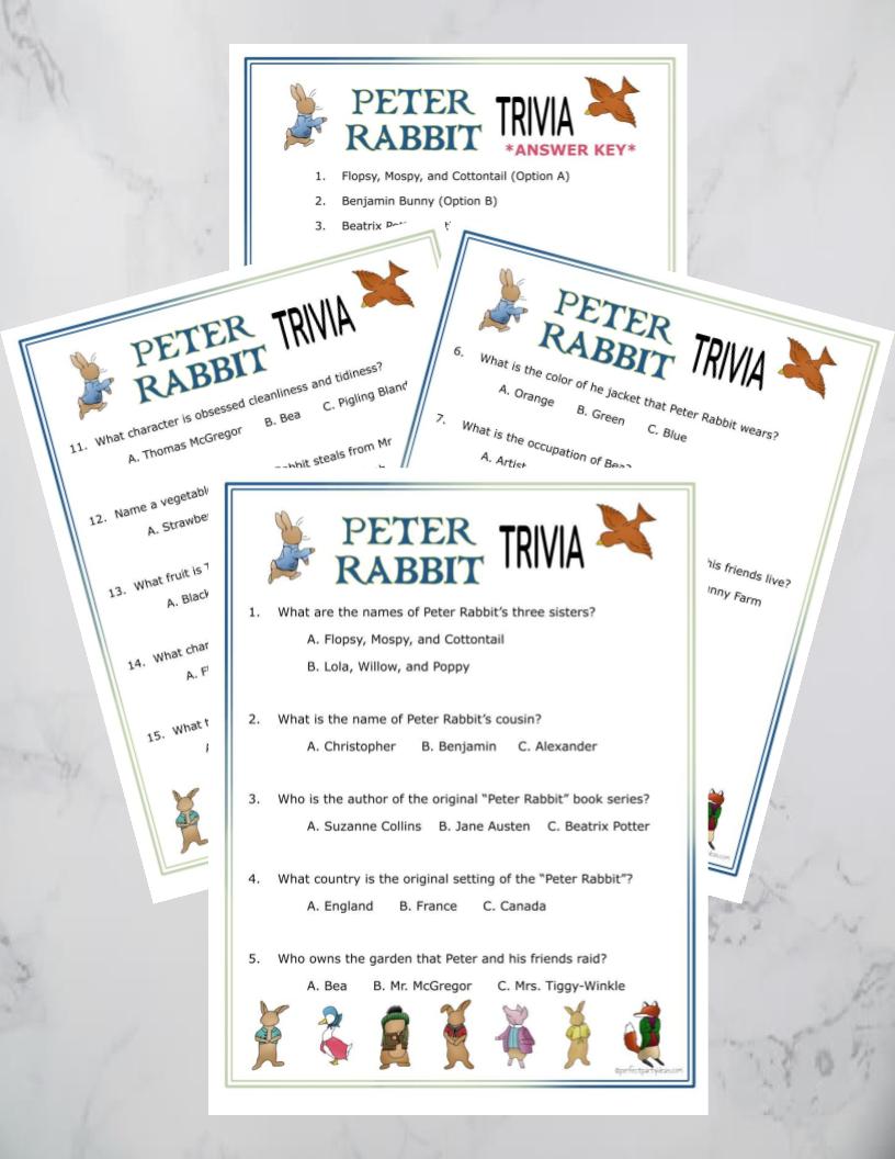 Peter Rabbit Party Trivia Game